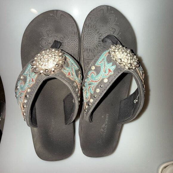 Embellished Black and Teal Sandals - Picture 1 of 4